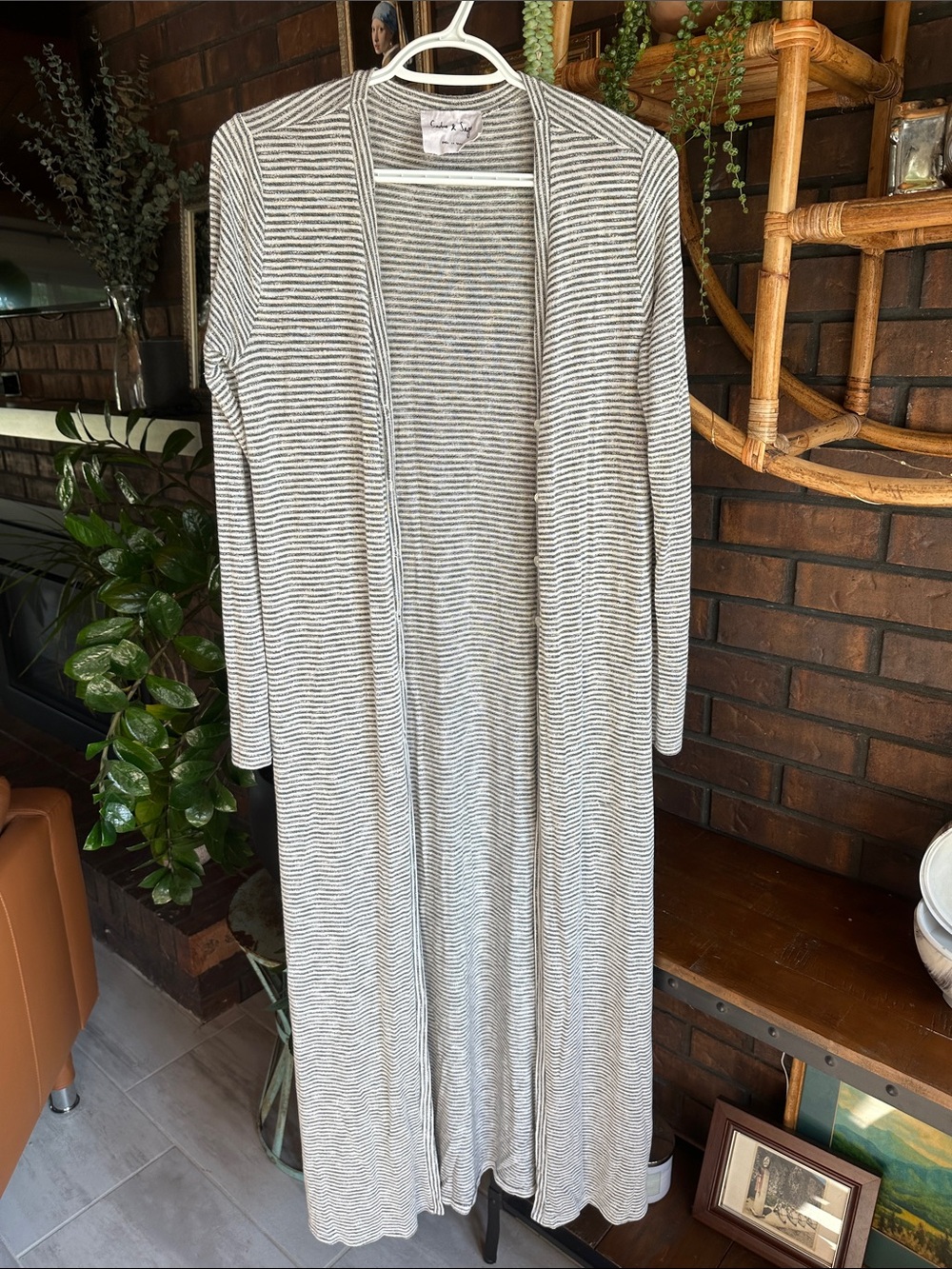 Long Open-Front Striped Cardigan - Gray & White